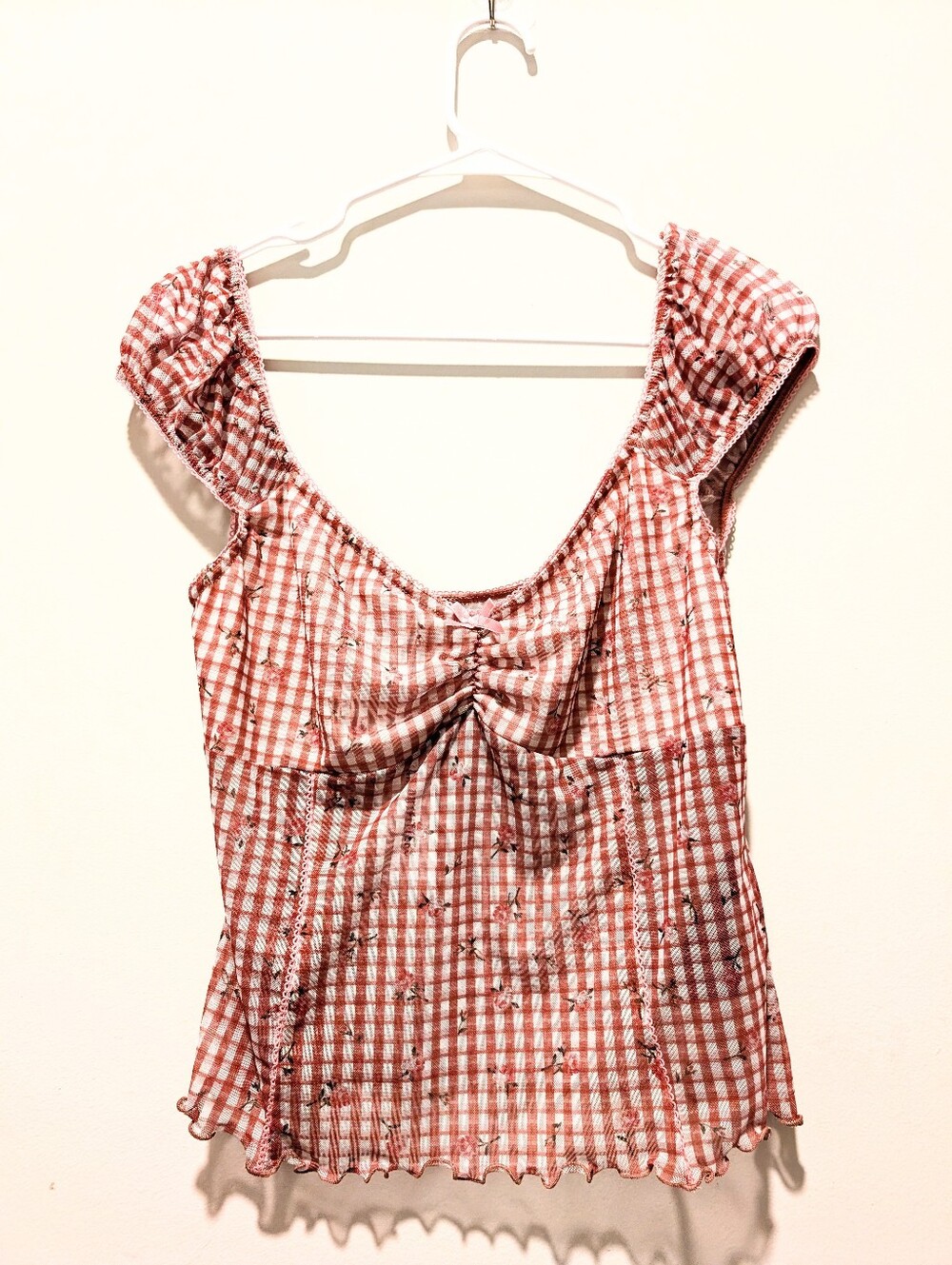 UO Gingham Floral Lace Trimmed Ruched Sheer Cap Sleeve Prairie Y2K Boho Top